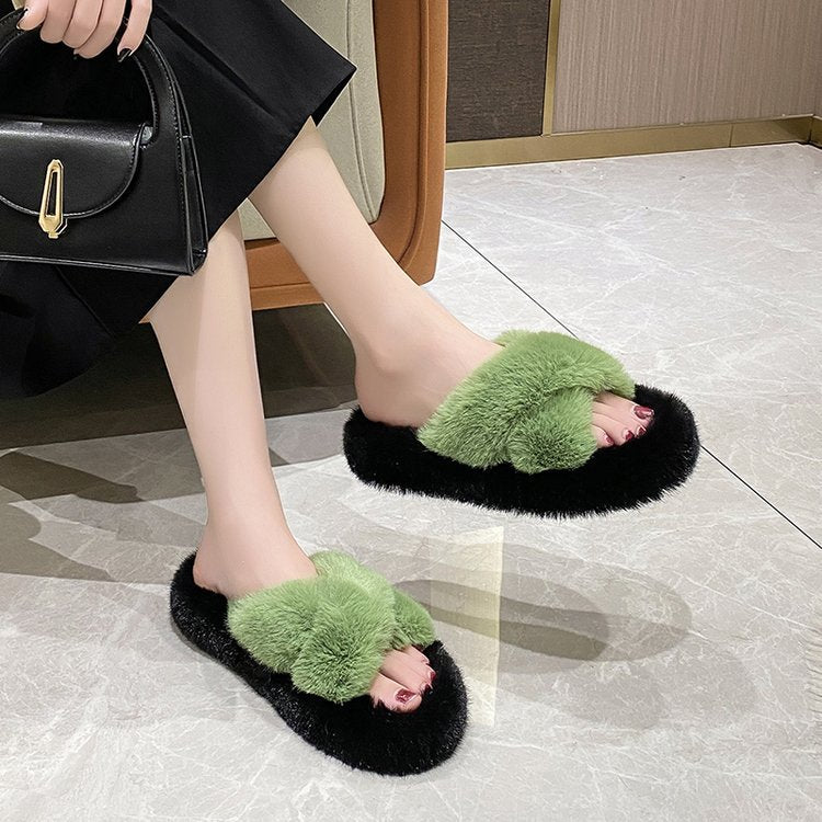 Rabbit fur cross slippers