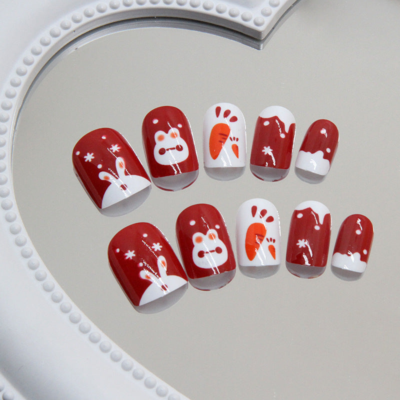 New Year Rabbit Wine Red Short Nails 24 Pieces