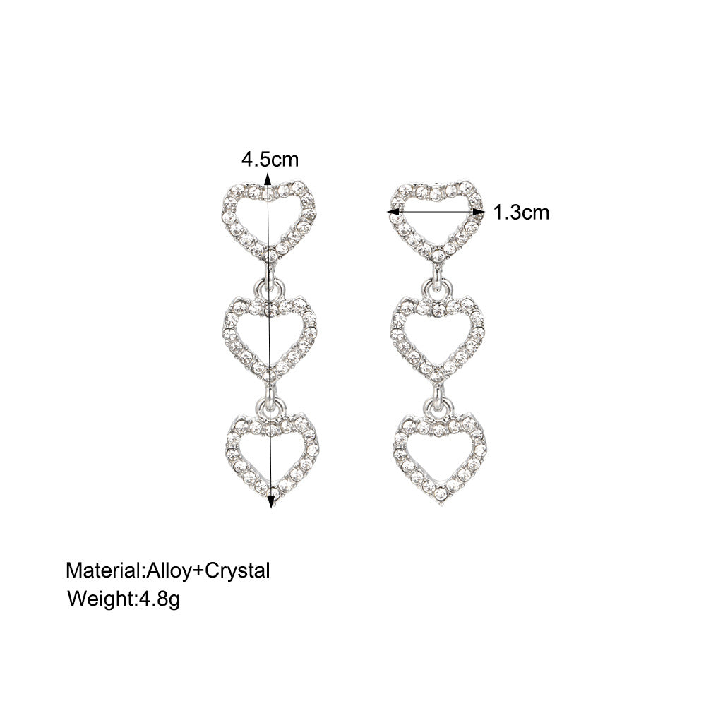 Full diamond heart tassel asymmetrical earrings