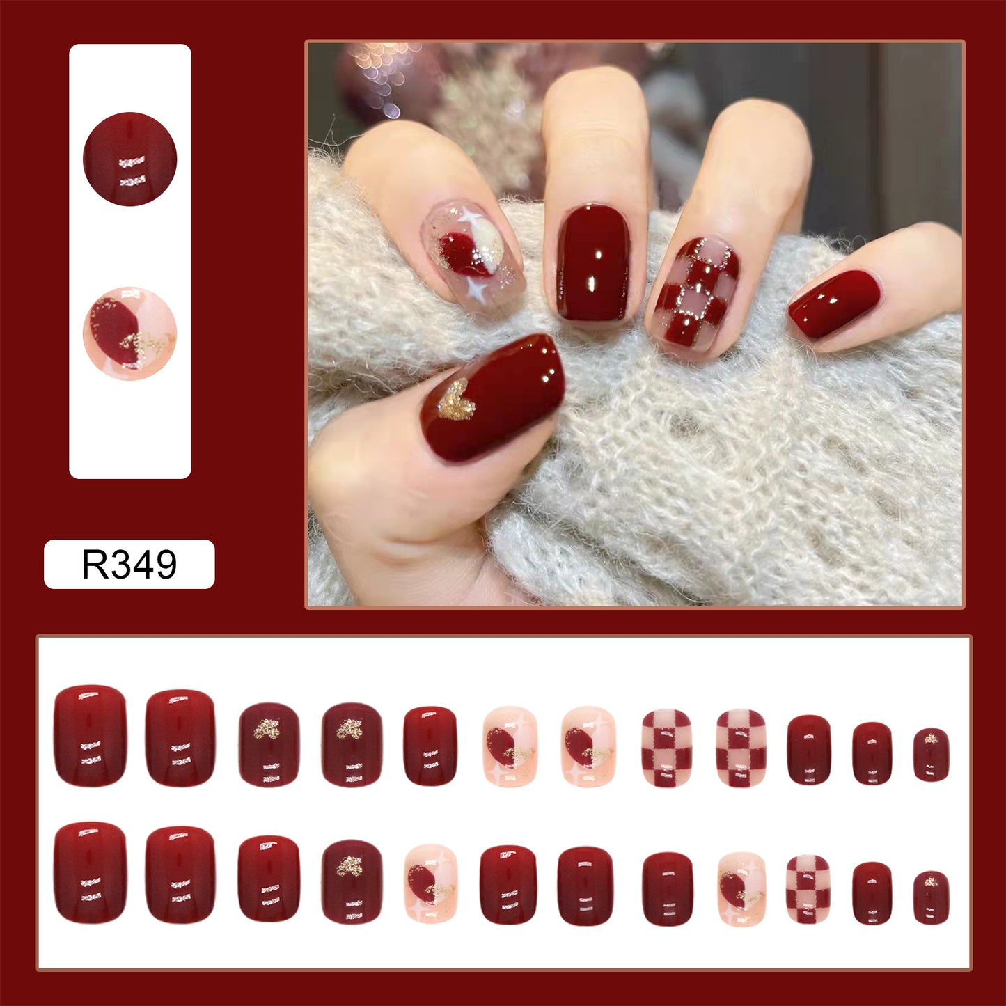 Wearable Nails: Maroon Checkered Heart