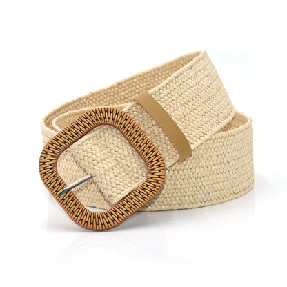 Woven belt Wood-colored square buckle belt