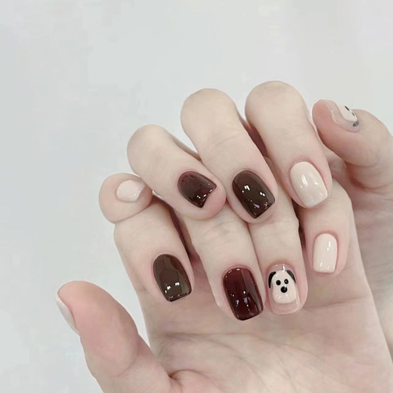 Cute Dog Autumn Winter Wine Red Short Tapered Nails