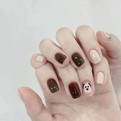 Cute Dog Autumn Winter Wine Red Short Tapered Nails