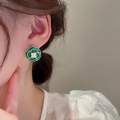 Camellia green oil stud earrings