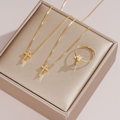 Gold Cross Ring Bracelet Necklace 3-Piece Set