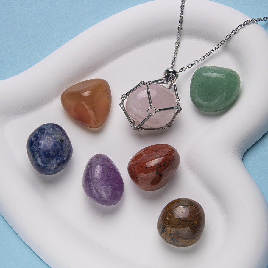 7 Color Tumbled Stone Crystal Raw Stone Braided Pendant Set