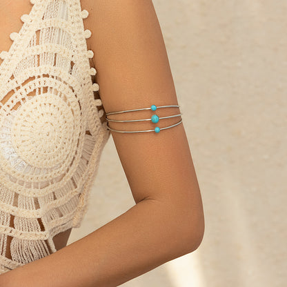 Multi-layer hollow micro-inlaid imitation pearl turquoise open arm bracelet