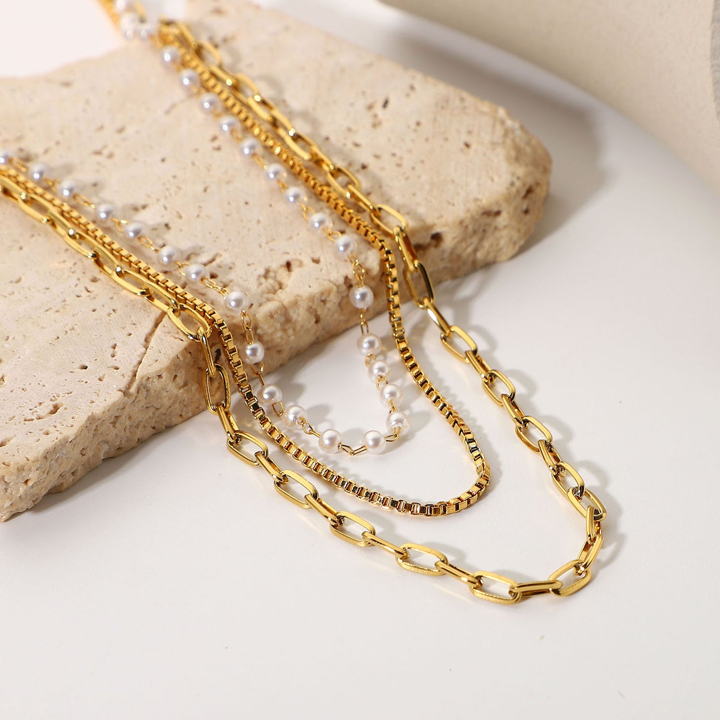 Women's small pearl chain triple necklace