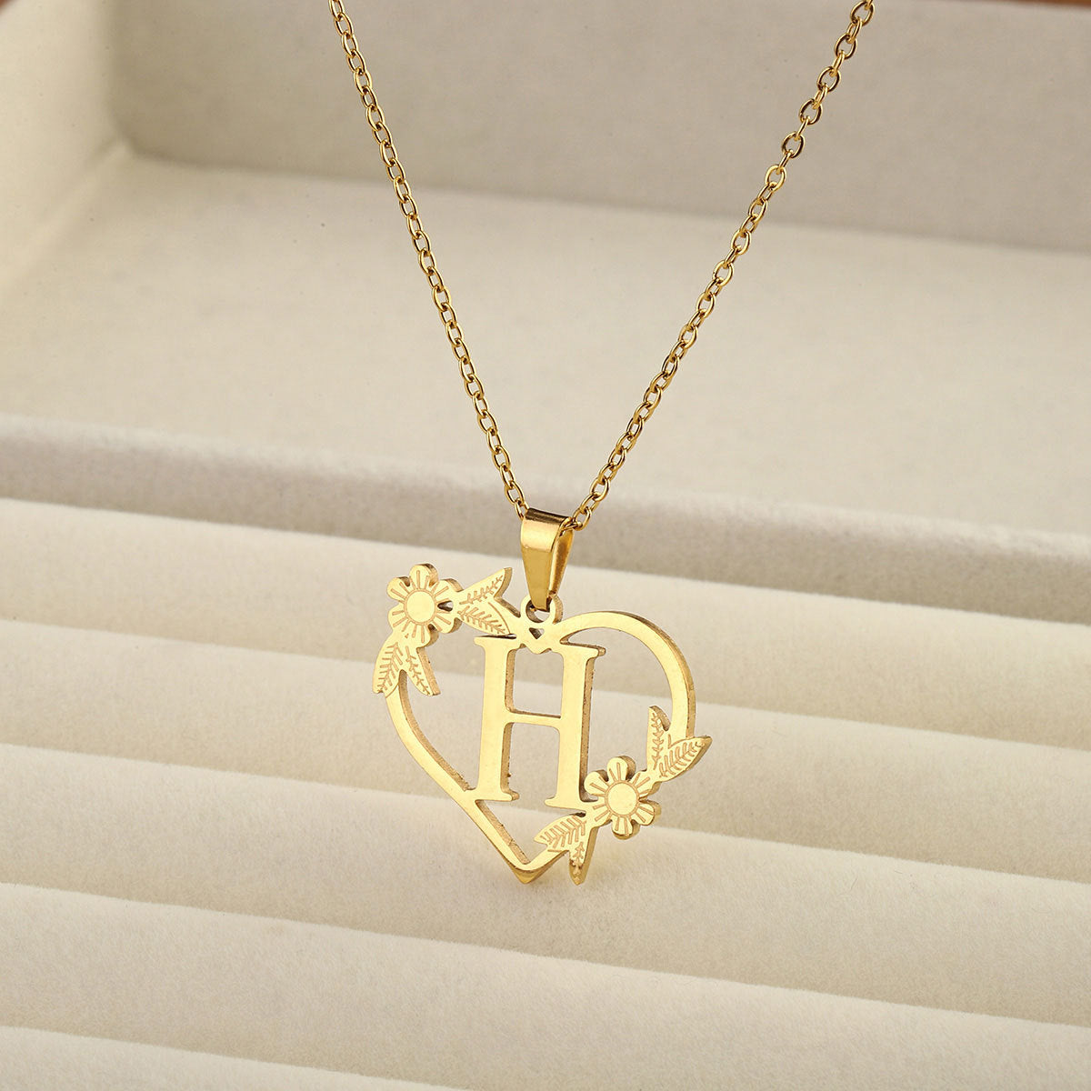 Titanium steel A-Z heart shaped English letter necklace