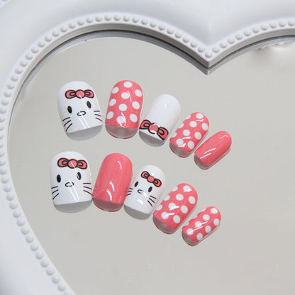 Bowknot Cat Polka Dot Pink Short Round Nails