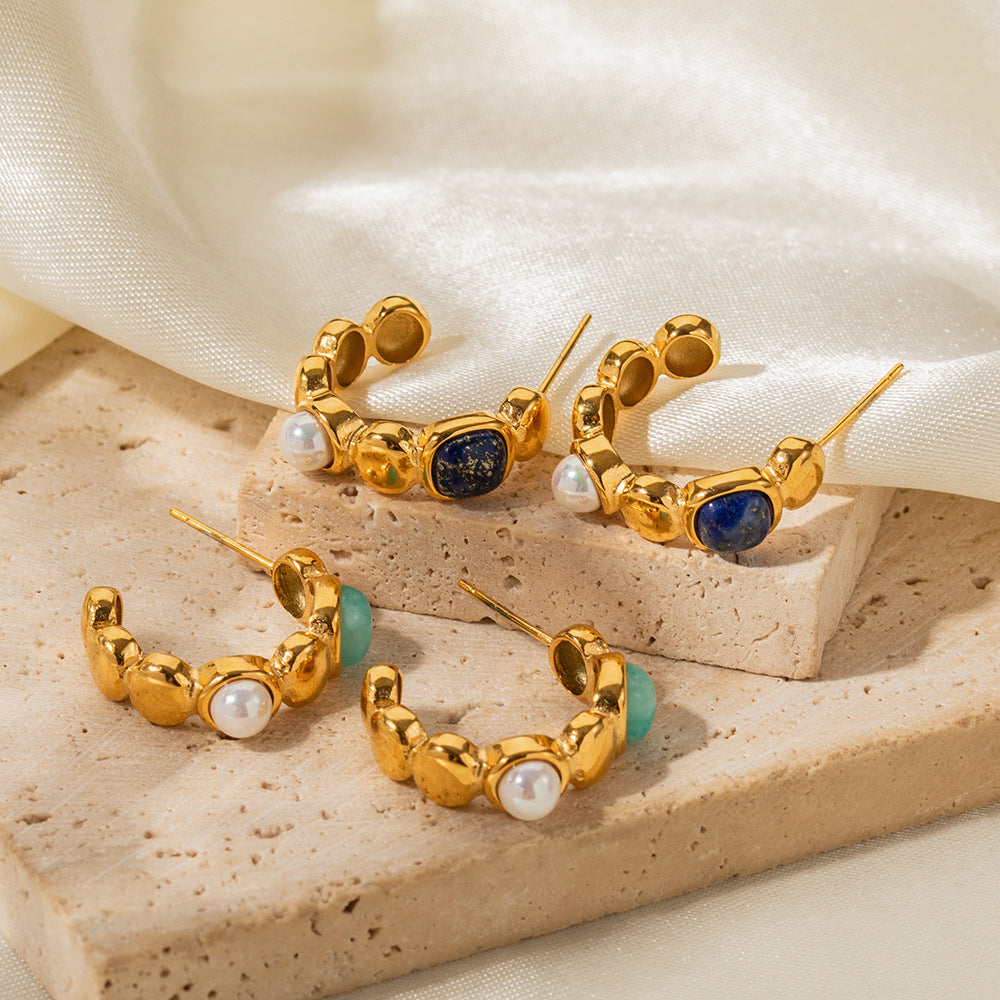 18K Gold C-Shaped Gemstone Drop Earrings