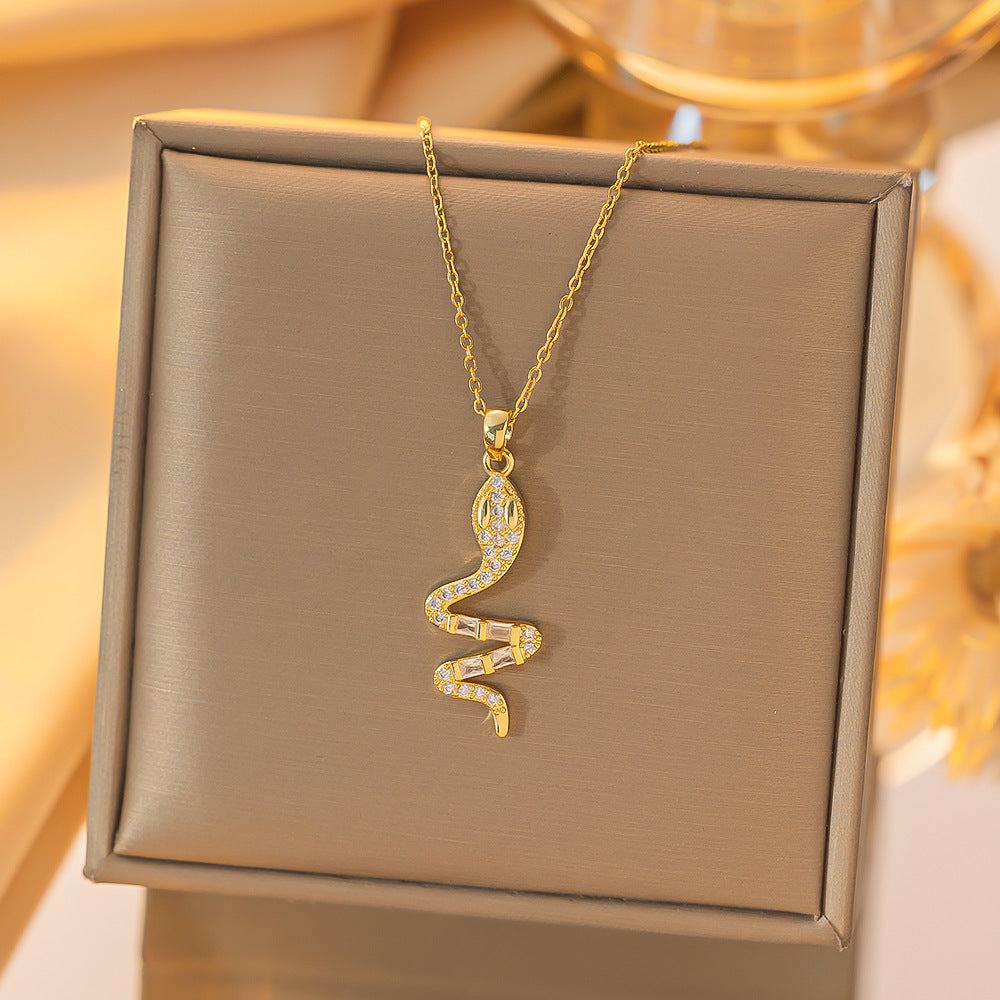 Zircon snake pendant titanium steel necklace