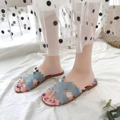 Flower cloth six-color flat-bottomed open-toed slippers