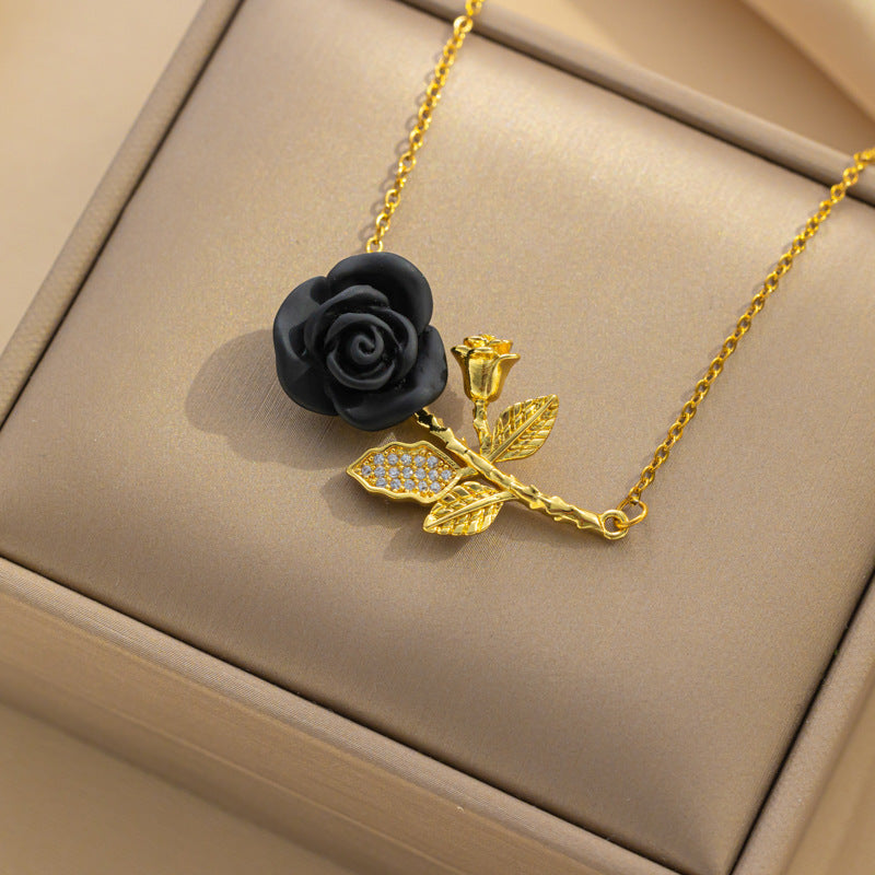 French Romantic Red Rose Necklace, Floral Pendant