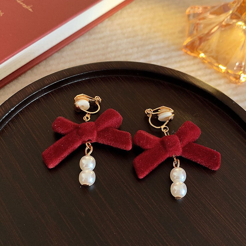 Burgundy Flocking Bow Flower Ear Clips