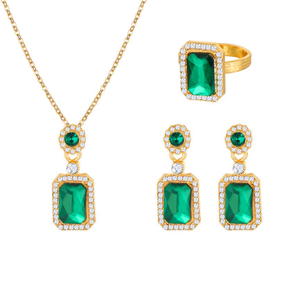 Emerald Stud Ring Necklace Set