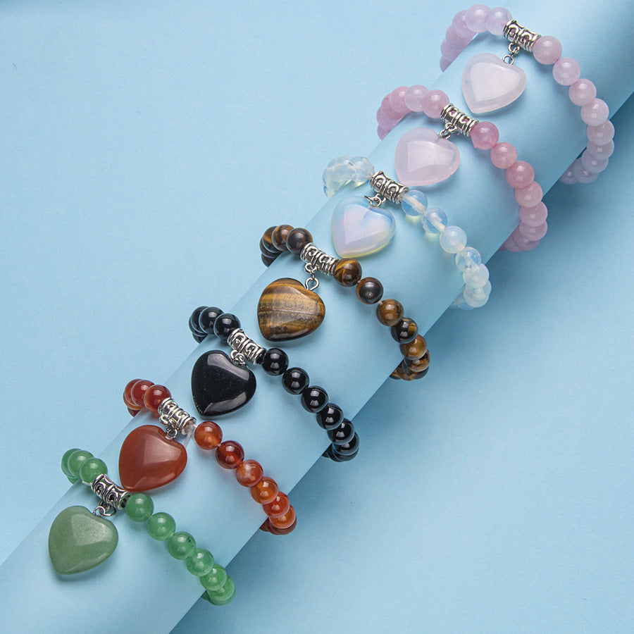 Colorful natural stone crystal heart elastic 8MM bracelet