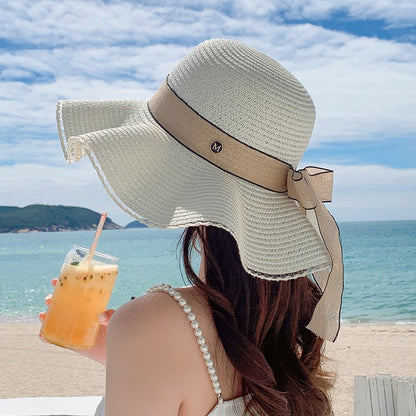 Korean Bow Wide Brim Straw Hat