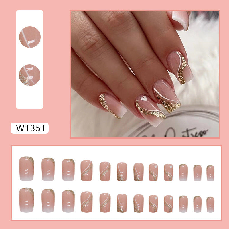 Medium-Length Gradient Glitter Heart Fake Nails