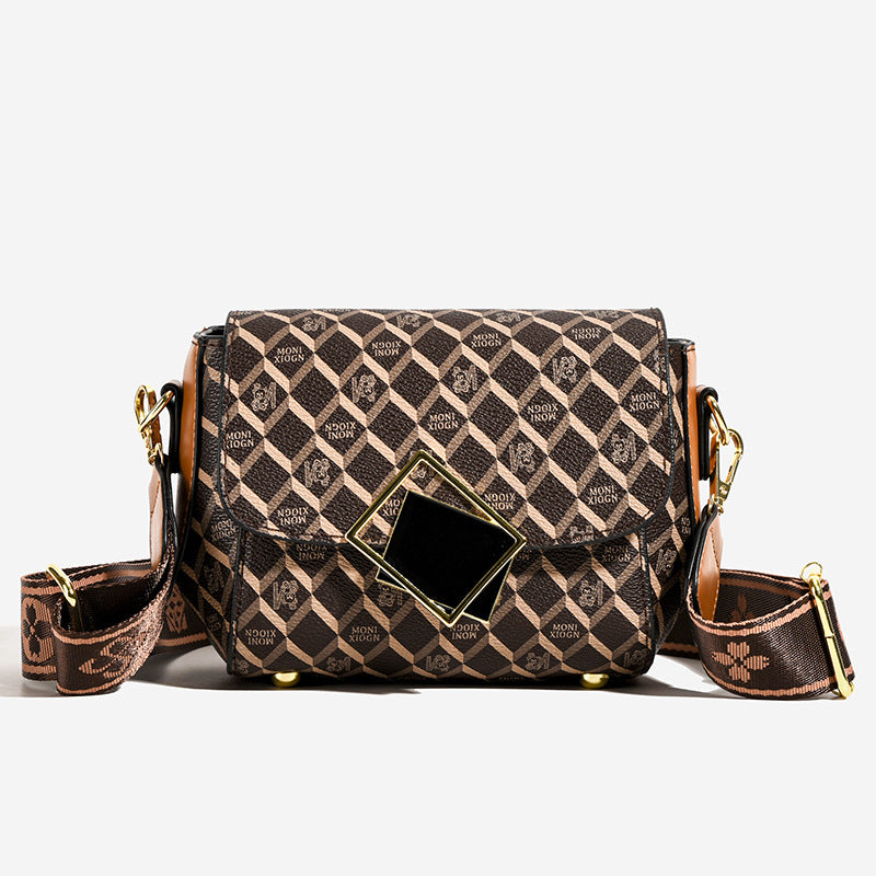 Wide shoulder strap versatile plaid print bag