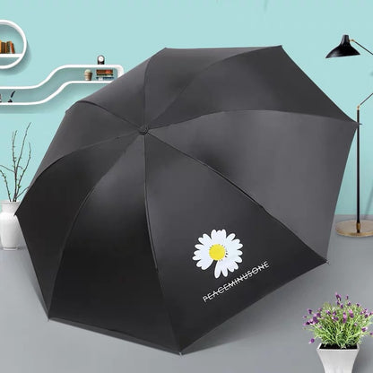 Black Coating Bear Plaid Daisy Feather Folding Umbrella