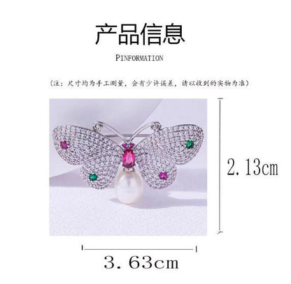 Colored Sparkling Diamond Pearl Butterfly Brooch