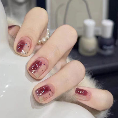 Short Red-Brown Ombre Square Fake Nails