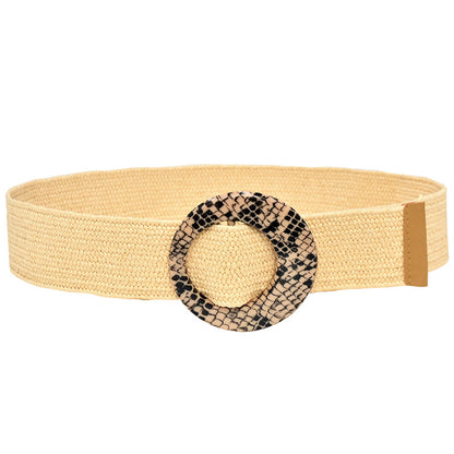 Wooden buckle grass woven wide women's belt