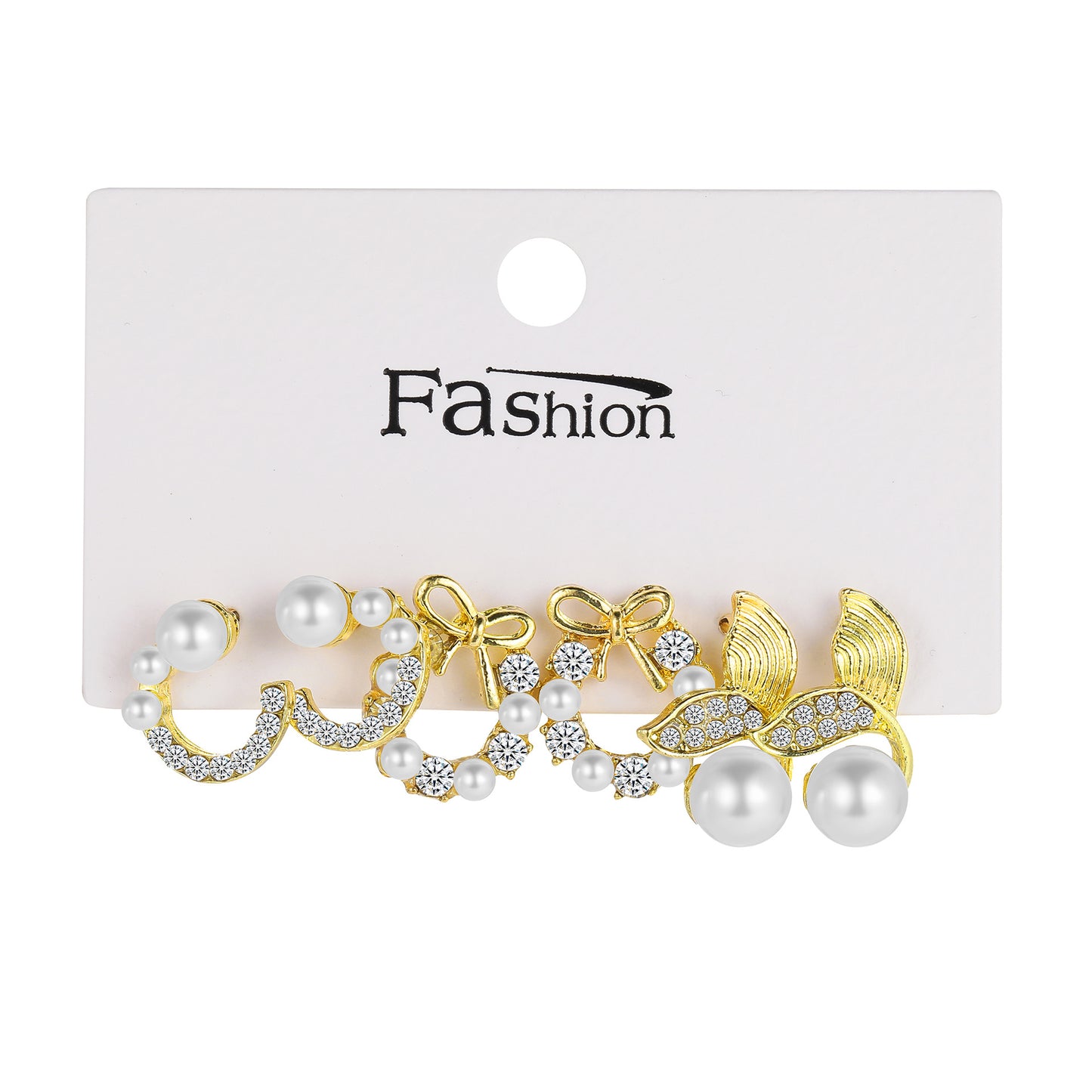 Bow Fishtail Pearl Moon Earrings 3-Piece Set