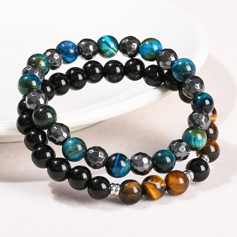 Natural black gallstone sapphire blue tiger's eye stone round bead bracelet.