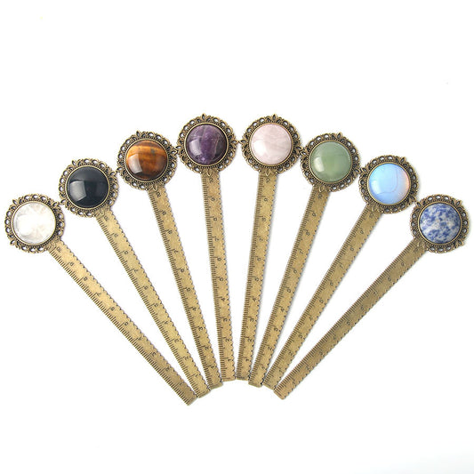 Natural stone crystal antique bronze ruler bookmark