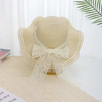 Sombrero de paja ondulado con flores para mujer para verano 