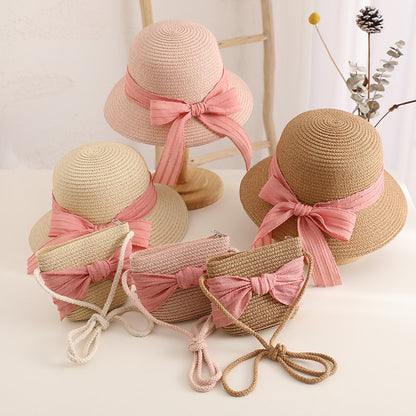 Spring Summer Bow Kids Straw Hat Travel Sun Protection Family Bag Set