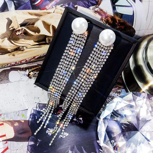 Long Pearl Fringed Diamond Earrings