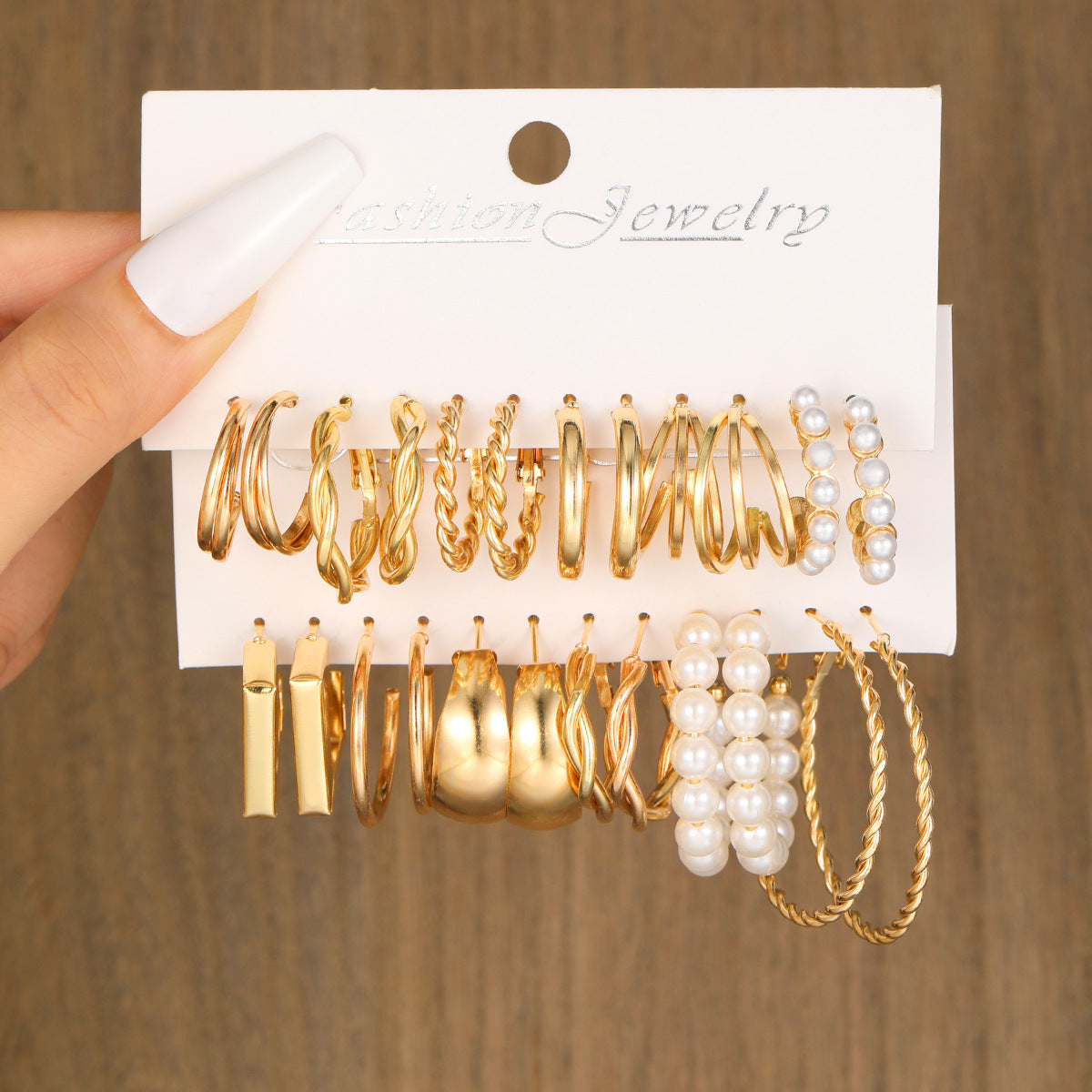 C-shaped geometric pearl alloy earrings 12-piece set