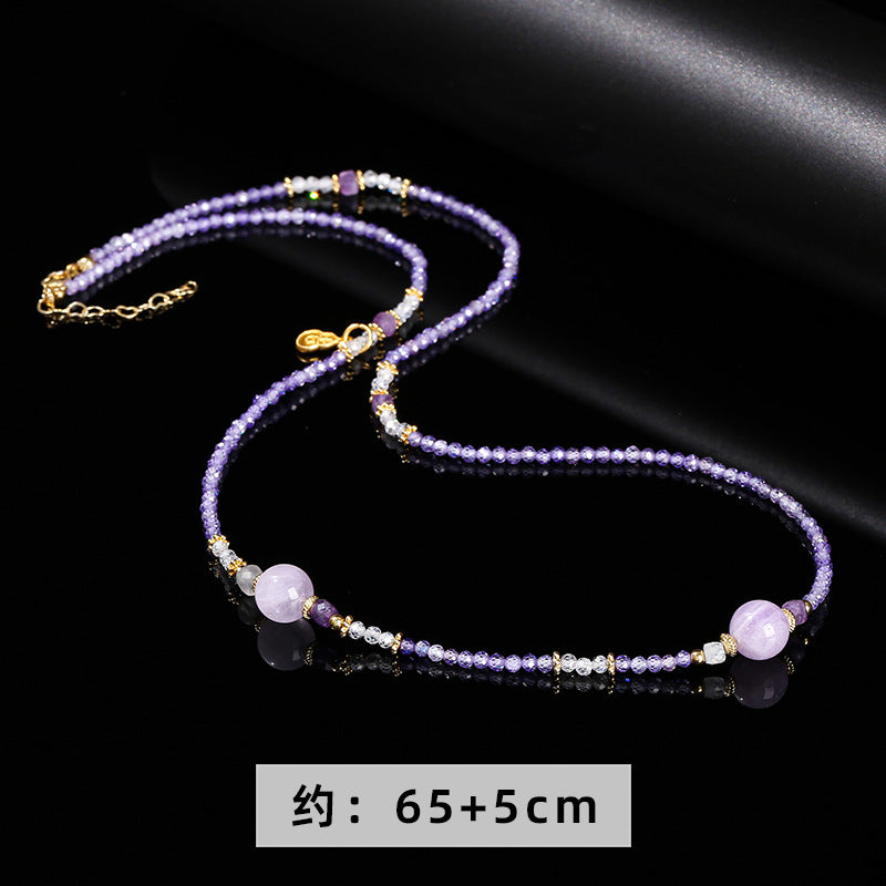 Natural purple jade cut zircon round beads necklace