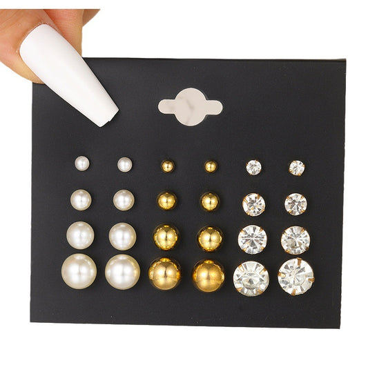 Set of 12 pairs of faux pearl and rhinestone earrings