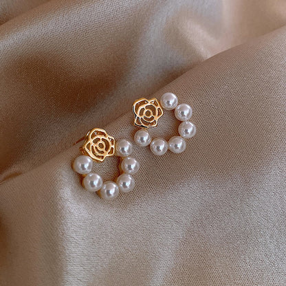 Rose flower pearl earrings temperament