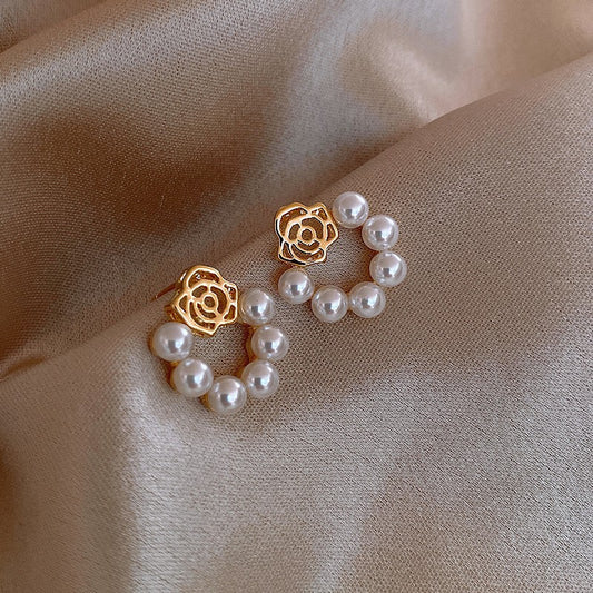 Rose flower pearl earrings temperament