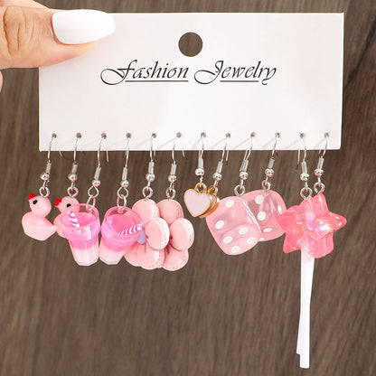 Flower Heart Milk Tea Resin Earrings 6 Pairs