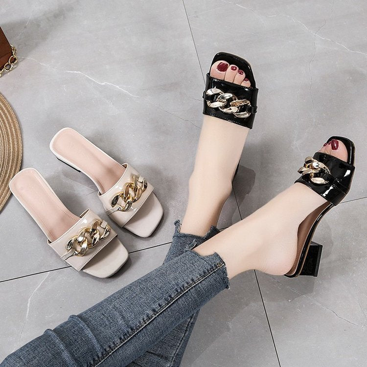 Metal buckle high-heeled slippers