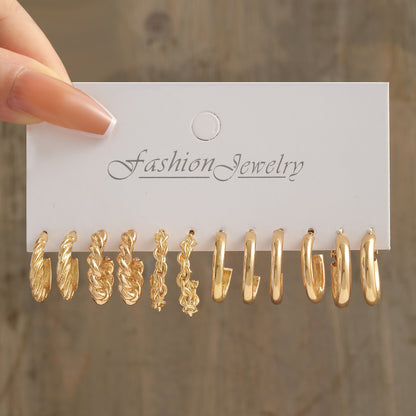 C-shaped twisted gold alloy earrings 6 pieces