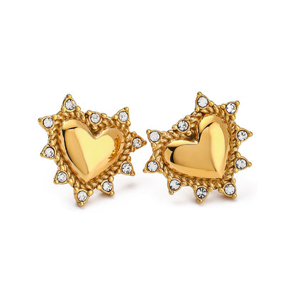 Pendientes de corazón de acero inoxidable en oro de 18 quilates con diamantes de imitación 