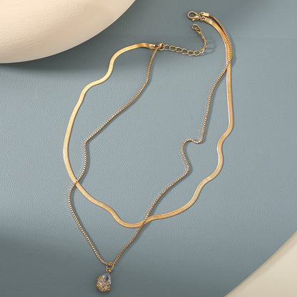 Golden teardrop zircon double-layer necklace