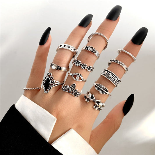 14-piece retro punk silver and black diamond ring set