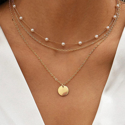 Three-layer necklace pearl teardrop pendant