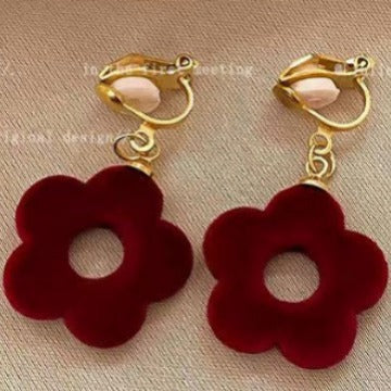 Burgundy Flocking Flower Earrings