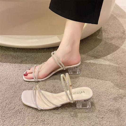 French thick heel rhinestone slippers