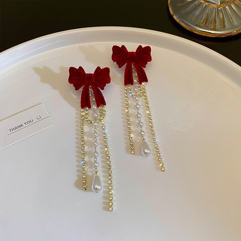 Burgundy Flocking Bow Pearl Fringed Earrings