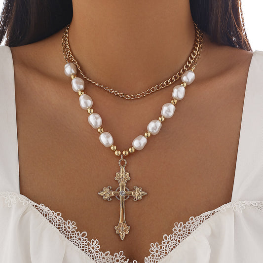 Fashion Cross Imitation Pearl Necklace Set